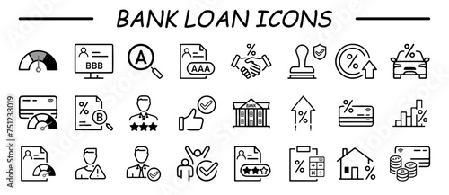 Set of thin line icons of loan and credit rating. Outline symbol collection.