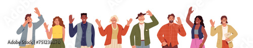Different people say hello, hi set. Happy characters greeting, welcome or goodbye gesturing. Friendly senior does hat tip, woman arm up and waves with hand. Flat isolated vector illustration on white