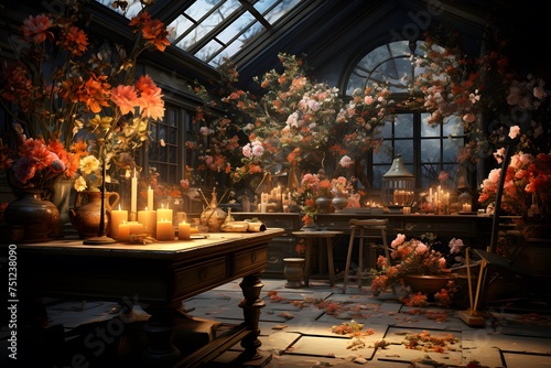 3D render of an old room with a large window and flowers