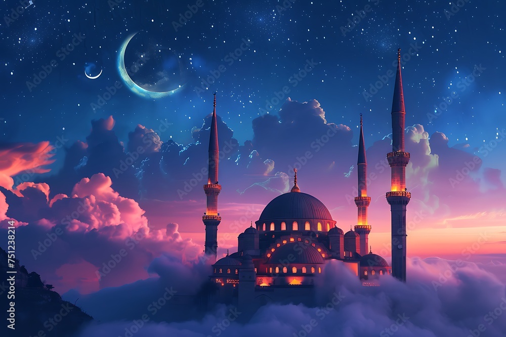 Fototapeta premium Illustration of mosque in the sky with an aesthetic-pastel cloud, night time with crescent poster