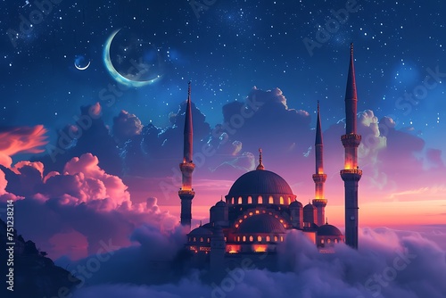 Illustration of mosque in the sky with an aesthetic-pastel cloud, night time with crescent poster photo