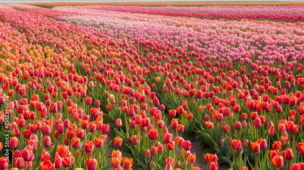 A field of blooming tulips stretching as far as the eye can see, their vibrant petals forming a seamless pattern of springtime bliss.