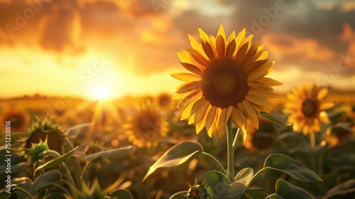 Sunrise in a sunflower field  with a single sunflower capturing attention.