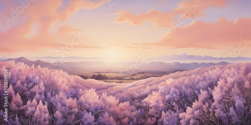 Soft gradients of peach and lavender blend seamlessly, casting a gentle glow that bathes the illustration in a serene and tranquil light, inviting viewers to immerse themselves in its beauty.