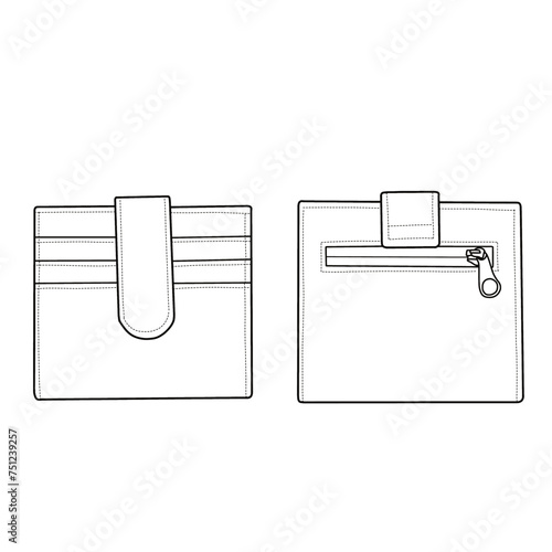 Sketch drawing of a card holder wallet with 3 pockets and zipper in the back side, front, and back view. Flat sketch vector. Outline vector doodle illustration