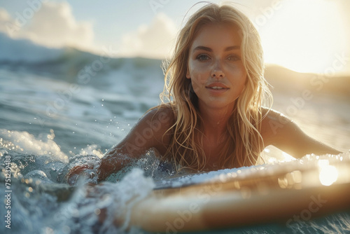 Caucasian woman riding the wave on a surfboard