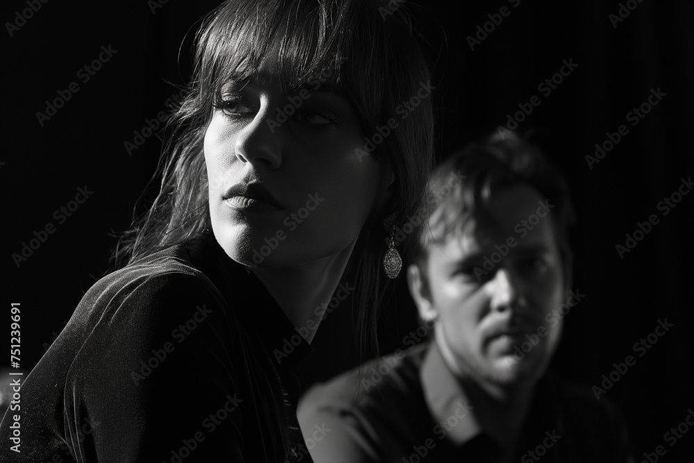 A brooding couple in a black and white portrait, moody and artistic A brooding couple in a black and white portrait, moody and artistic