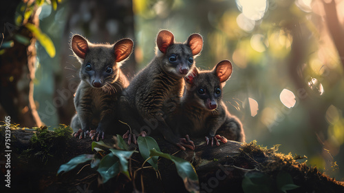 Possum family in the forest with setting sun shining. Group of wild animals in nature. © linda_vostrovska