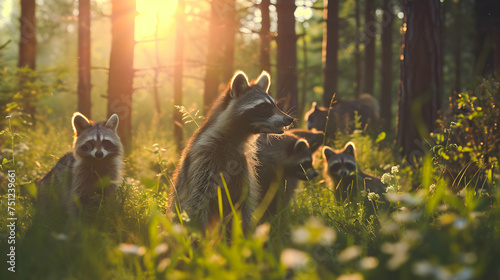 Racoon dog family in the forest with setting sun shining. Group of wild animals in nature. © linda_vostrovska