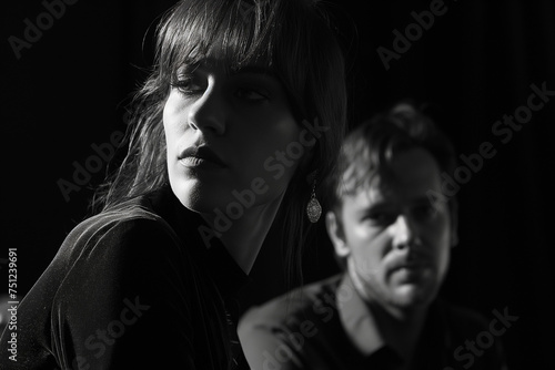 A brooding couple in a black and white portrait, moody and artistic