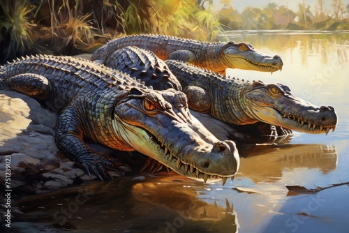Crocodiles resting in the sun on a river bank  Photo crocodile basking in the sun near the river  Ai generated