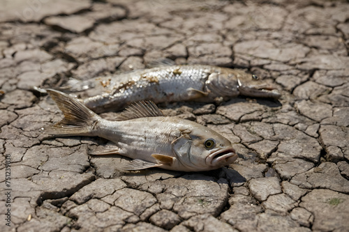 Close-up dead fish on cracked ground in a river or pond that has dried up during the summer due to climate change. © Tipakorn