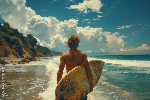Caucasian man with surfboard standing on sea sand beach
