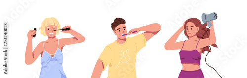 People do morning routine in bathroom set. Guy cares about oral hygiene, toothbrushing, cleaning teeth. Woman does makeup. Girl drying hair with hairdryer. Flat isolated vector illustration on white