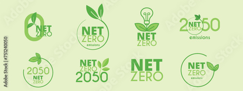 8 icons in green color Net Zero and Carbon Neutral. Vector eco-friendly symbols of leaf, bulb, green, nature