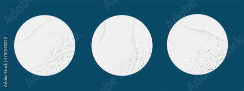 3 round white paper labels. Vector mocap of stickers. Adhesive texture. Glue stickers on dark blue background. Realistic crumpled posters bundle.