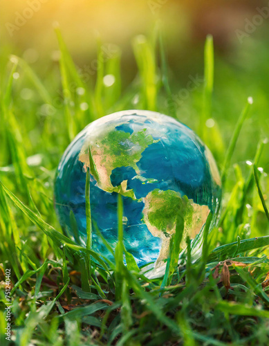 World earth globe laying on grass field. International Earth day. Concept of global warming