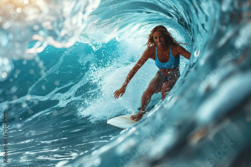 African woman riding the wave on a surfboard © sofiko14
