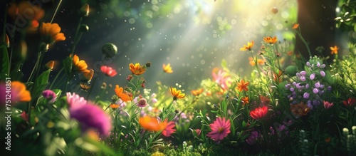 A bunch of flowers with vibrant hues and delicate petals are scattered in the lush green grass under the shining sun. The flowers are in full bloom, adding a pop of color to the natural landscape.