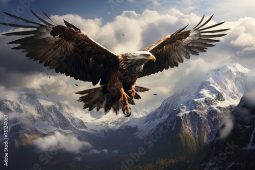 An eagle soaring high above a mountain range. eagle flies at high altitude in the mountains fantastic, Ai generated © Tanu