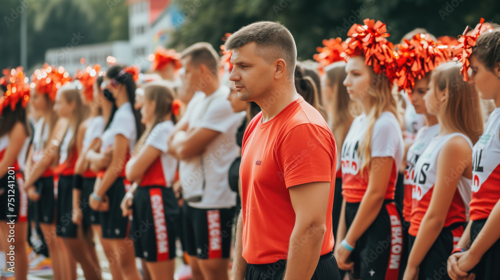 Focused Coach with Cheerleading Team Lined Up at Sports Event