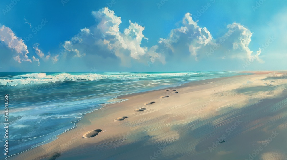 Footprints leading towards the tranquil waves, disappearing into the distance under the expansive, cloud-strewn blue sky.