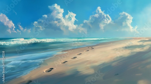 Footprints leading towards the tranquil waves  disappearing into the distance under the expansive  cloud-strewn blue sky.