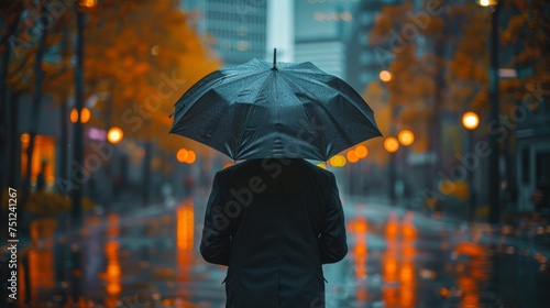 Businessman with umbrella assisting with business