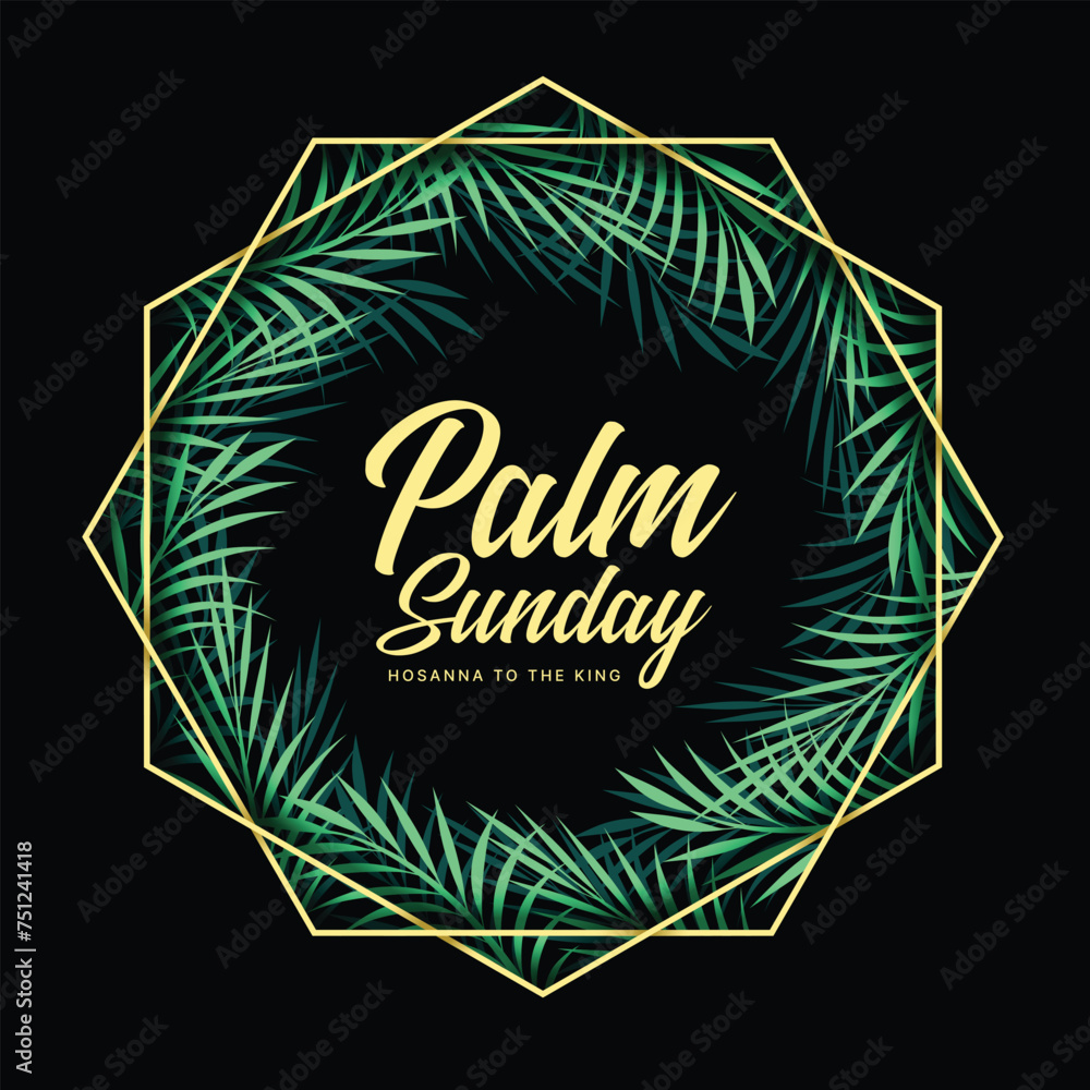 Palm sunday - Yellow gold text in crossed hexagonal frame with palm leaves texture around on black background vector design Palm sunday - Yellow gold text in crossed hexagonal frame with palm leaves texture around on black background vector design