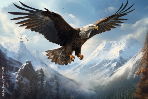 An eagle soaring high above a mountain range, eagle falcon in flight generative ai © Tanu