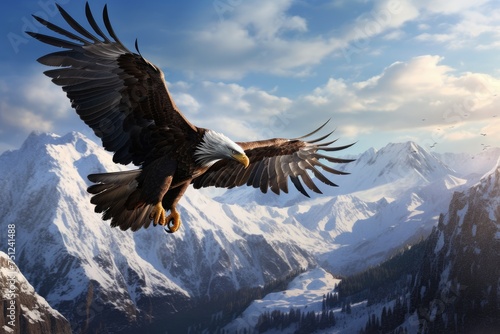 An eagle soaring high above a mountain range, eagle falcon in flight generative ai