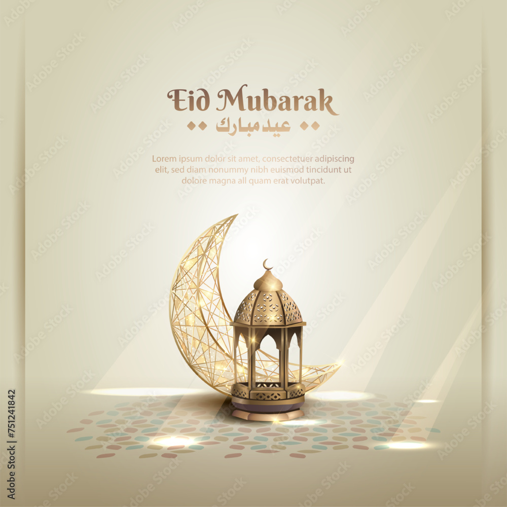 islamic greeting eid mubarak card design with beautiful crescent and lantern - obrazy, fototapety, plakaty 