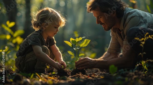 Little boy plants the tree in the garden with his father, curious to see when it will grow.