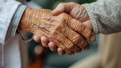 Holding a senior patient's hand on a walking stick - concept for special medical care. photo