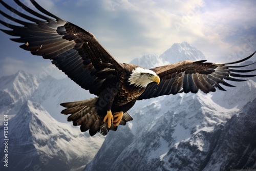 An eagle soaring high above a mountain range, bald eagle flying in the blue sky, Ai generated