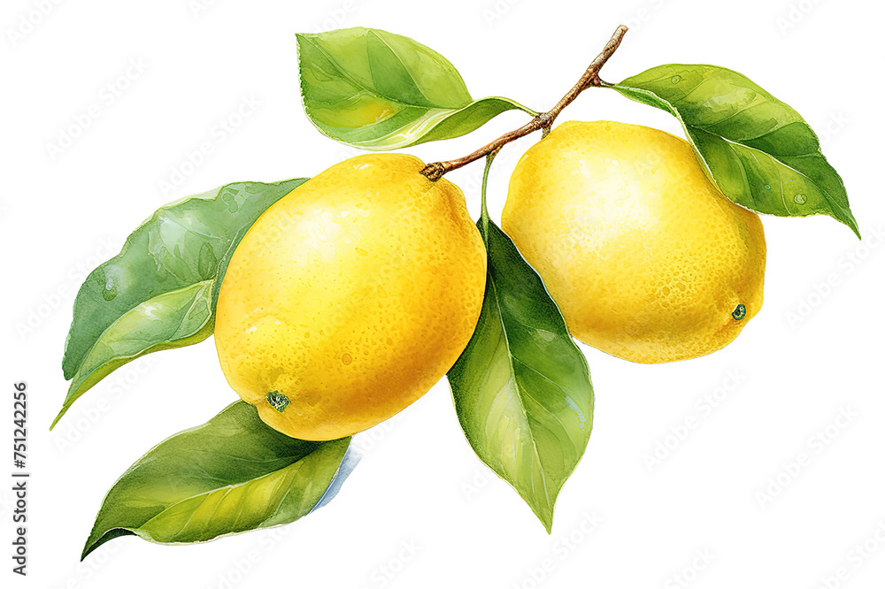 Lemon fruits hanging with branch and leaves isolated on PNG Background. Generative Ai.