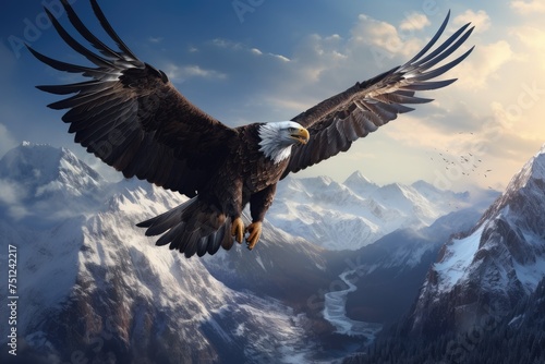 An eagle soaring high above a mountain range, bald eagle flying in the blue sky, Ai generated © Tanu