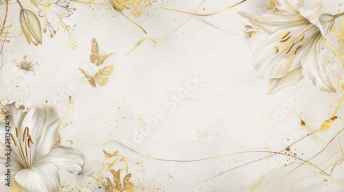 Invitation template adorned with a luxurious botanical border of golden branches and lily silhouettes against an ivory background.
