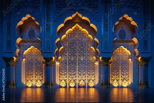 a stage with ornate walls and arches