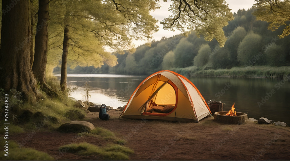 a tent for camping in a riverside woodland. .generative.ai