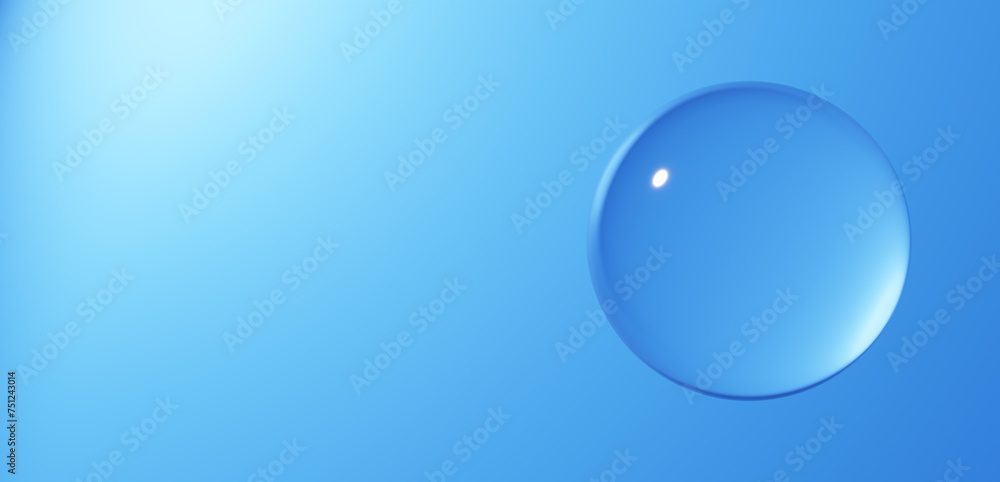 青い背景に丸い水滴。背景素材。コピースペース。3D（横長）