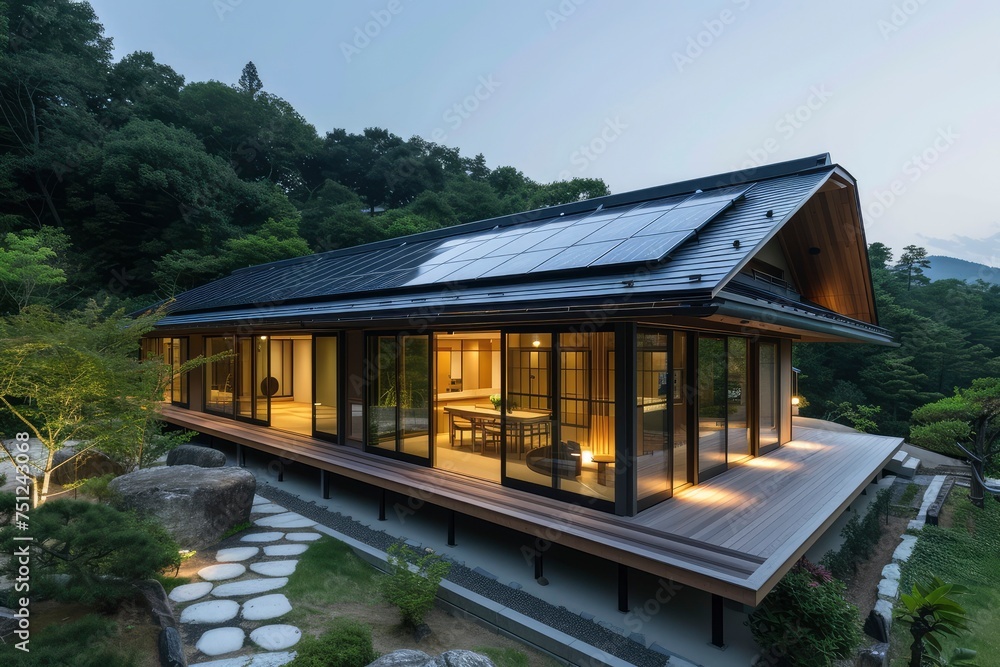 A traditional Japanese house with sliding doors and a tiled roof stands gracefully lit amidst a serene garden as evening falls.
generative ai