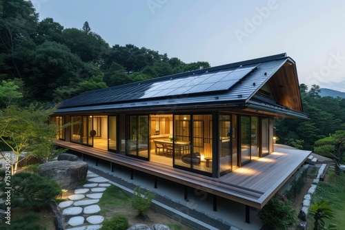 A traditional Japanese house with sliding doors and a tiled roof stands gracefully lit amidst a serene garden as evening falls. generative ai