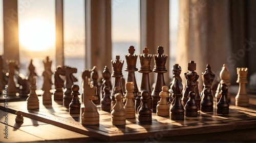 Chess game on a desk with sun behind. A striking image of a large chess set placed on a sturdy wooden table.generative ai photo