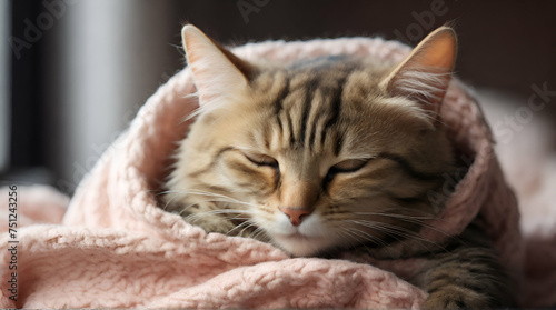 Cute little kitten sleeping covered with blanket.generative ai.