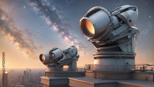 A metropolitan rooftop observatory where astronomers and sky watchers employ telescopes to investigate remote galaxies and speculative worlds beyond our own. photo