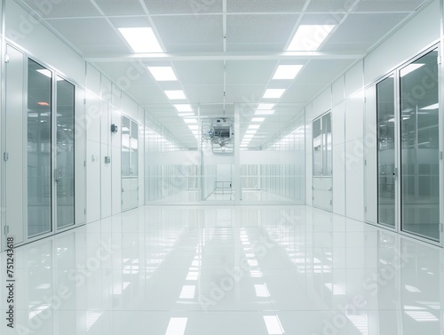 Inside a bright  modern semiconductor production facility  showcasing advanced technology and clean room environment.