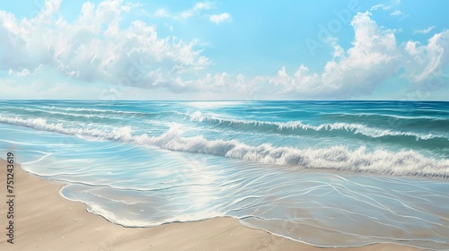 Gentle waves leaving delicate patterns in the sand beneath a sky painted in hues of azure and soft white.