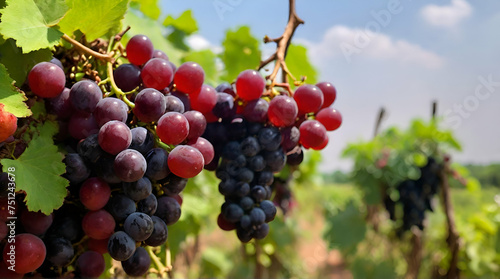 How beautiful red kheri and black grape fruits can be seen it looks very beautiful full of green nature around open sky shining sun around.generative ai photo