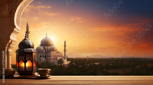 ramadan card kopi space beautiful pink sunset and mosque with place for text.generative ai